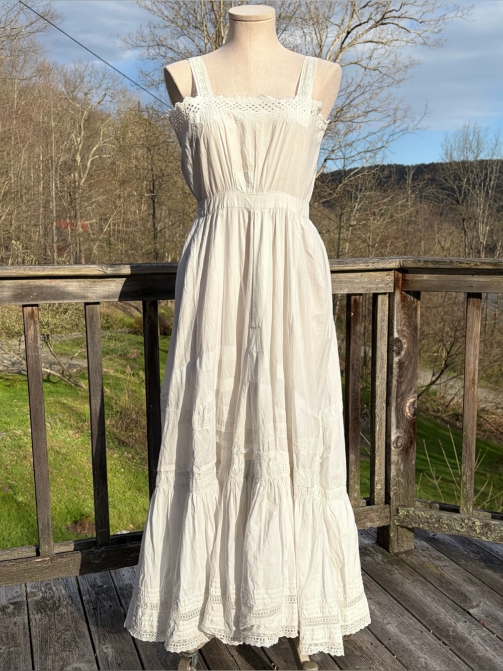 Antique Edwardian White Cotton Eyelet Tiered Prairie Midi Petticoat Dress Size 8 - Picture 2 of 16